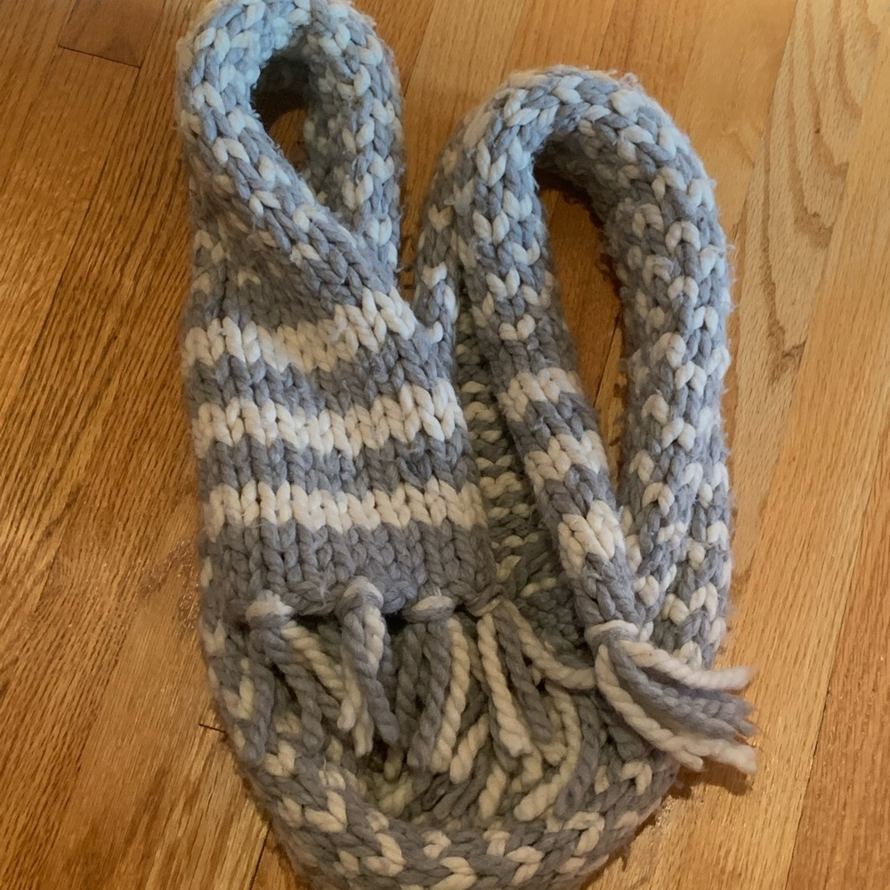 White/Gray Striped Crocheted Thick Wrap Scarf